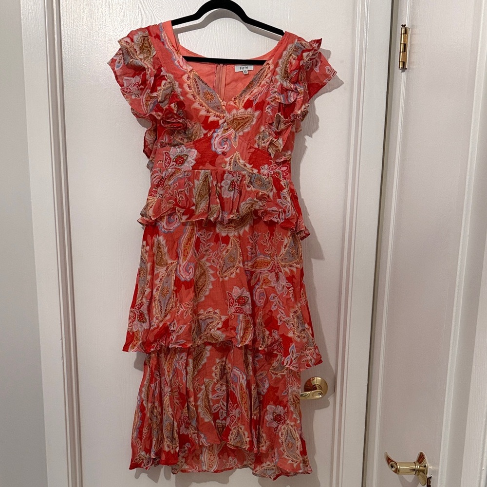 Fate Coral Paisley Ruffle Tiered Midi Dress